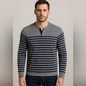 Vince Men’s Gray & Navy Striped Henley Wool Cashmere‎ Sweater Size M